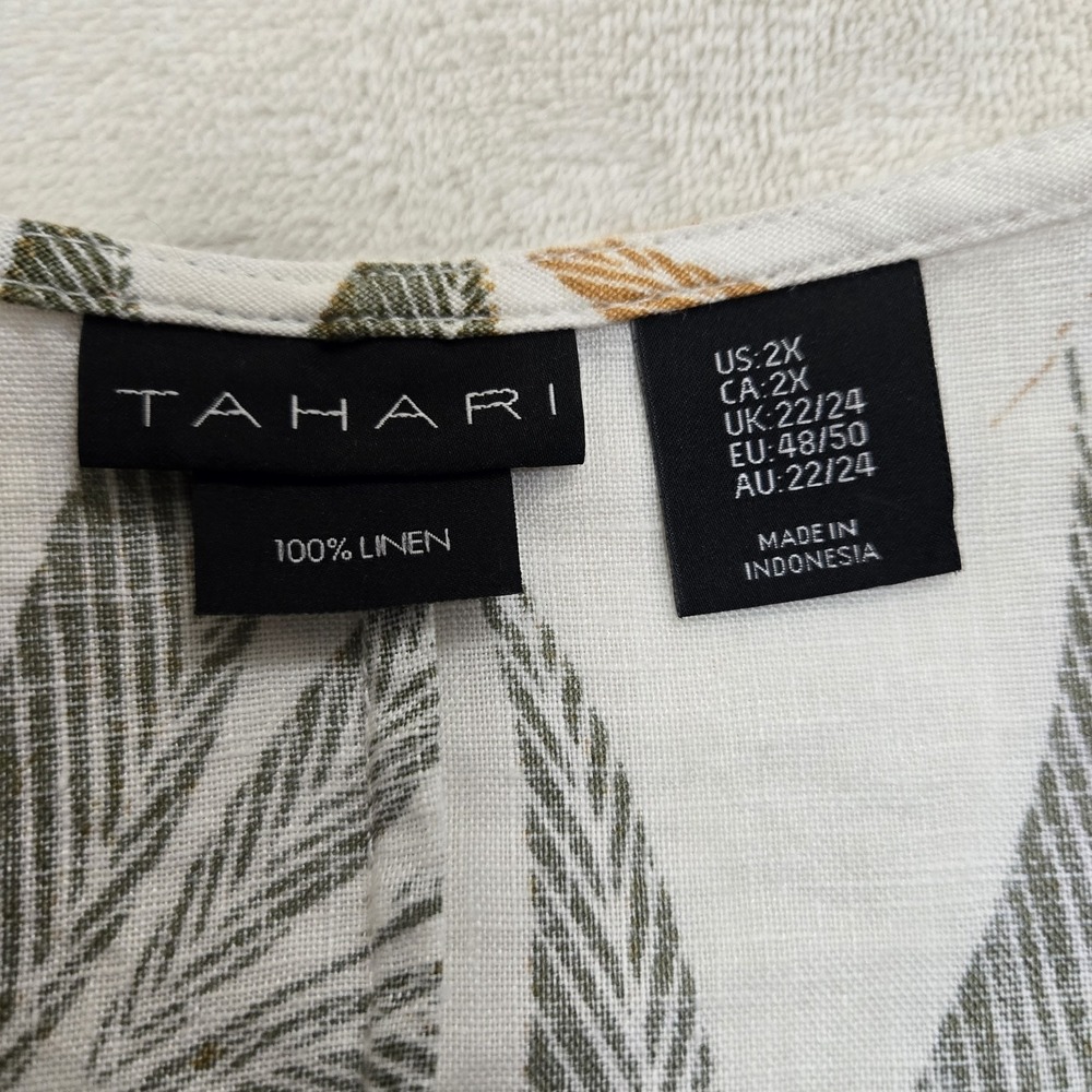 Tahari Linen Dress Palm Tropical Print Ruffle Boho Summer Neutral Resortwear 2X - Picture 6 of 6